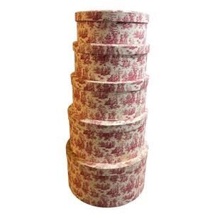 Set Of 5 Round Vintage Hat Boxes Fabric Covered Red Vintage Cap Holders Lot